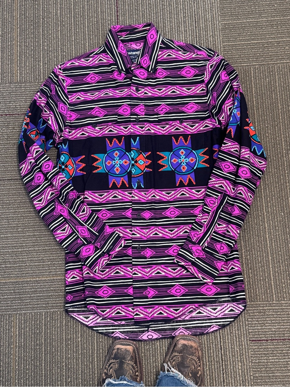 Wrangler Cowboy Cut Southwest Print Shirt | Pink & Black Aztec | Made in USA